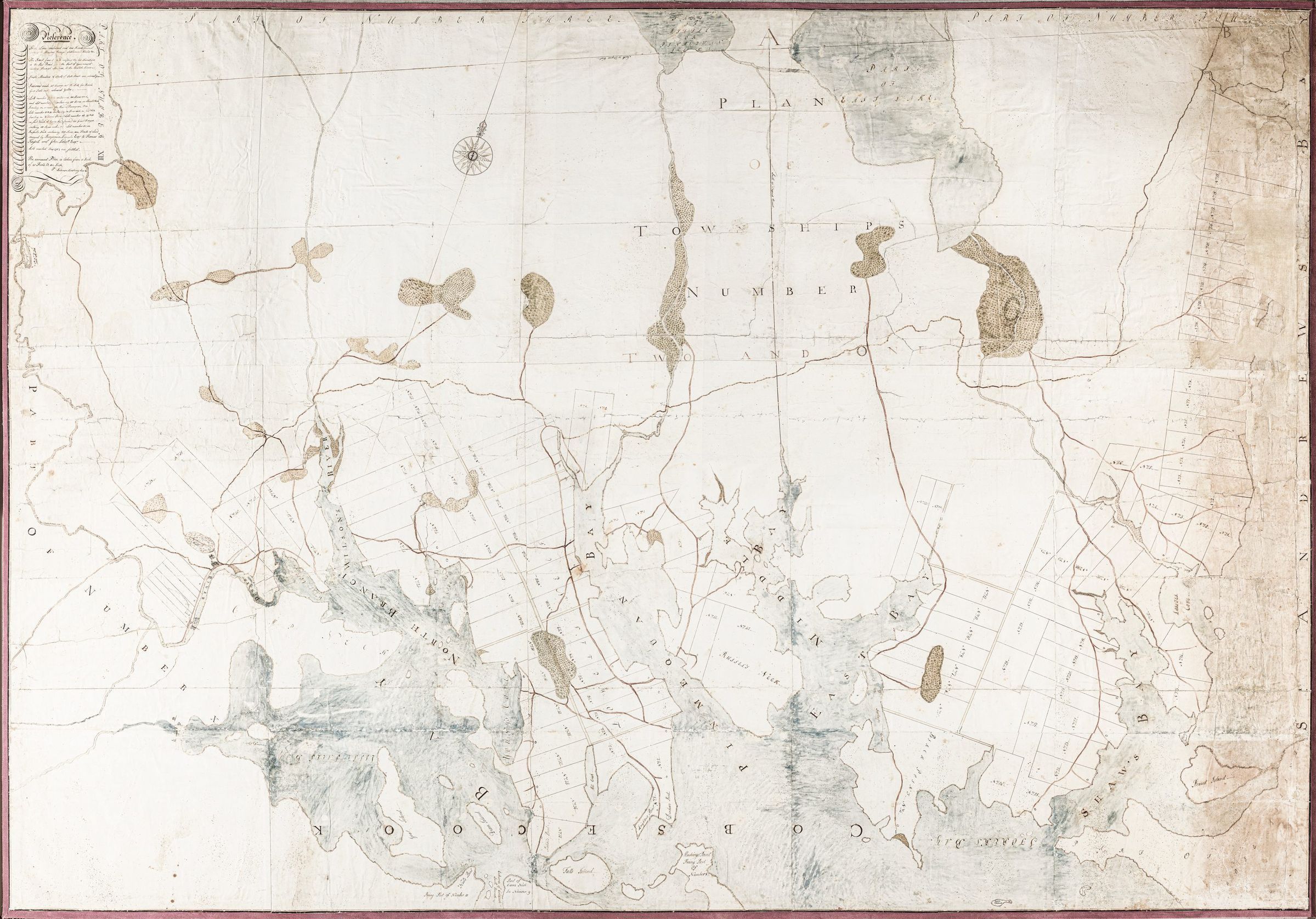 Solomon Cushing's Big Map of Townships No. 1 and 2 in 1797.; Details of settlement are recorded on this big map of what is today comprises the towns of Perry (No. 1) Pembroke and Dennysville (No. 2) in this oversized map produced by Solomon Cushing in 1797. Part of Township No. 10, which became Edmunds, is visible to the bottom left.