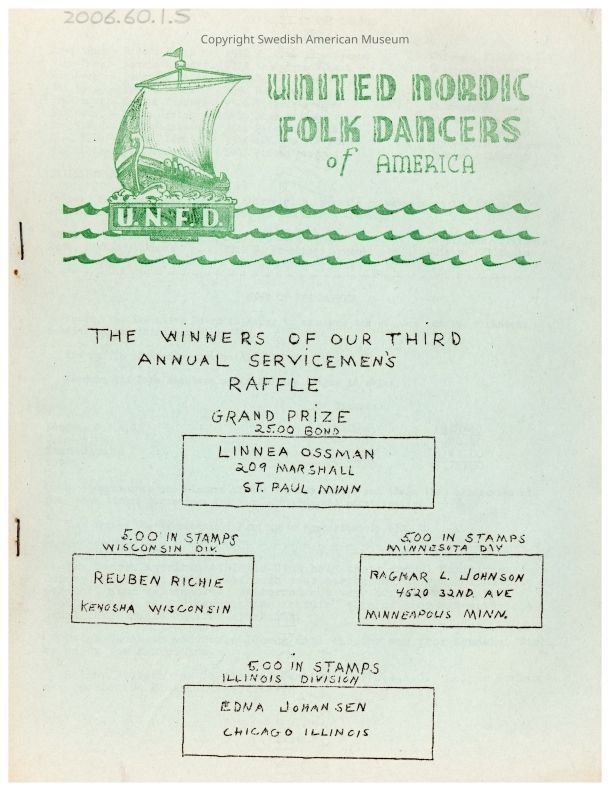 2006.60.1.S PDF: A clickable PDF of the January-April 1945 United Nordic Folk Dancers' newsletter.