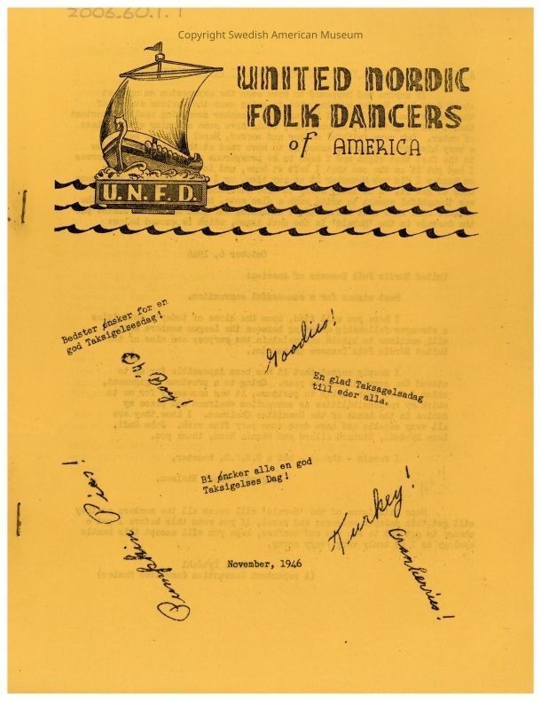2006.60.1.T_PDF: A clickable PDF of the November 1946 United Nordic Folk Dancers newsletter.