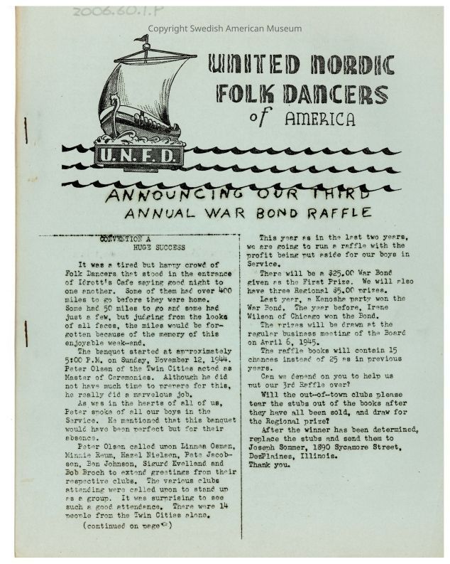 2006.60.1.P PDF: A clickable PDF of the October-December 1944 United Nordic Folk Dancers' newsletter.
